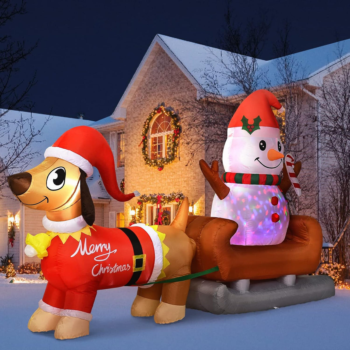 8 Ft Outdoor Inflatable Snowman Christmas Decoration with Rotating LED Lights, Dog Inflatable Christmas Yard