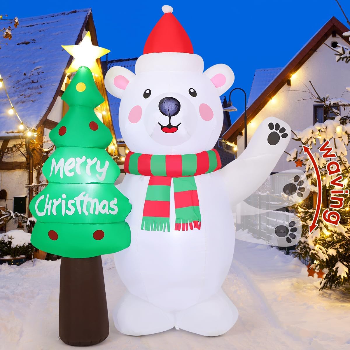 GOOSH 7 FT Christmas Inflatables Decorations Waving Polar Bear & Christmas Tree Outdoor Blow Up Yard Giant