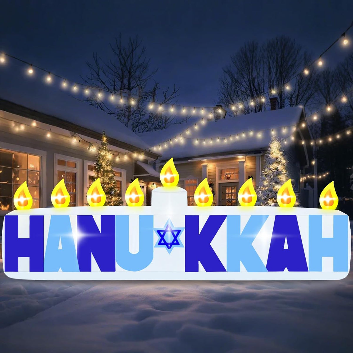8FT Long Hanukkah Inflatable Candle Outdoor Decoration with LED Lights / Blow Ups Chanukah Star of David Yard
