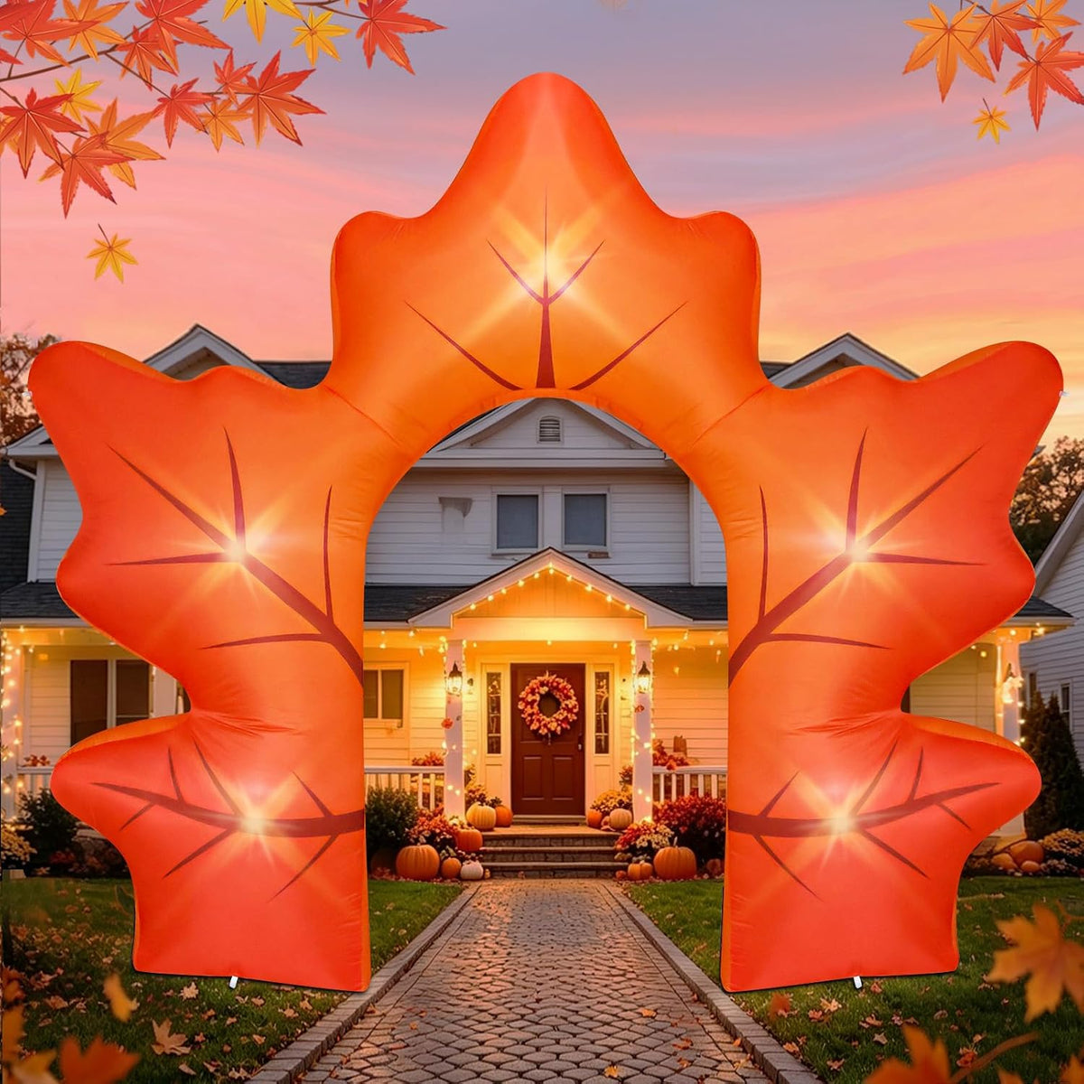 Eyourlife 9FT Fall Inflatable Arch Maple Leaf Thanksgiving Yard Decoration / Fall Blow Up with a Colourful