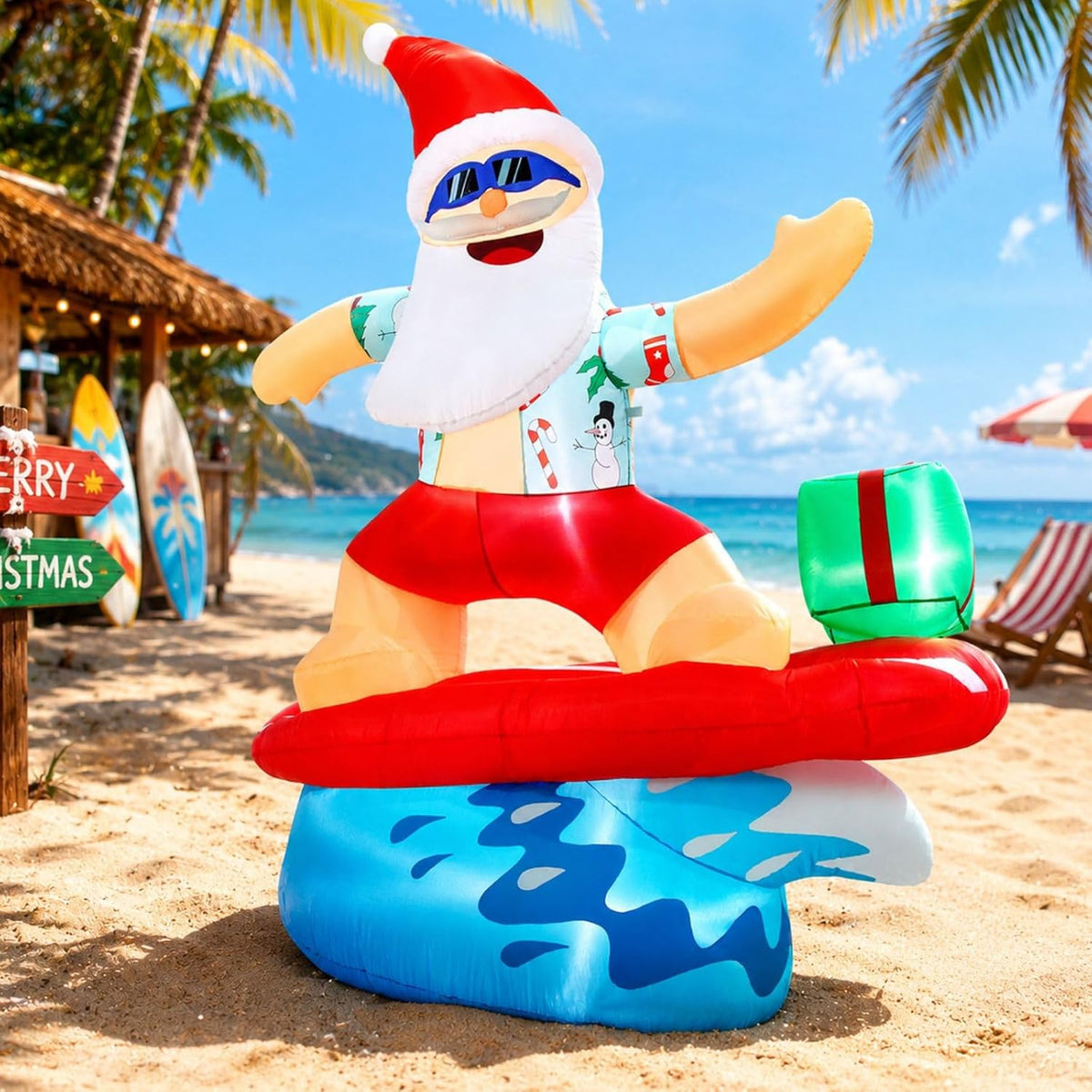 Kofero Christmas Inflatable Santa Claus Decorations Outdoor 6.5FT Hawaiian Surfing Giant Large Tall Funny