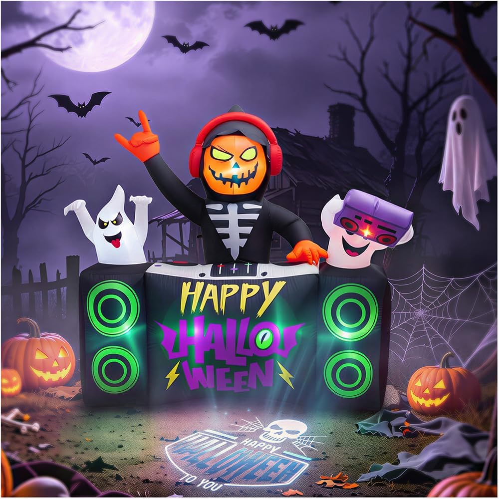 BORGOVA 6 FT Halloween Inflatable Pumpkin Grim Reaper DJ Outdoor Décor / LED Projector Lighting, Fast Auto