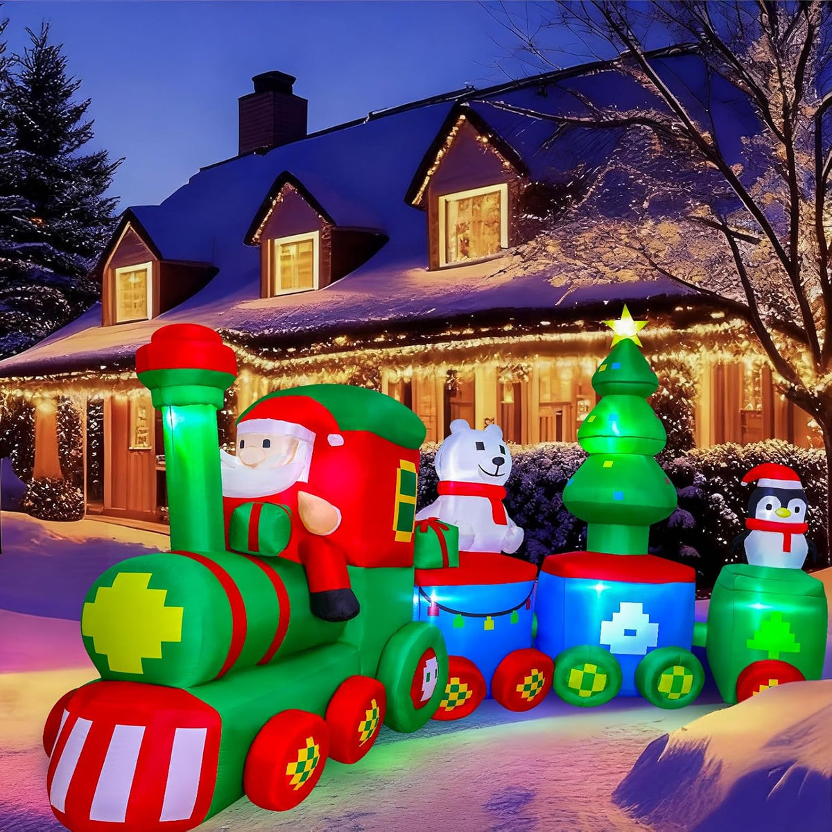 14FT Giant Christmas Inflatables Train with Santa Claus Bear Penguin Christmas Outdoor Decorations Blow Up