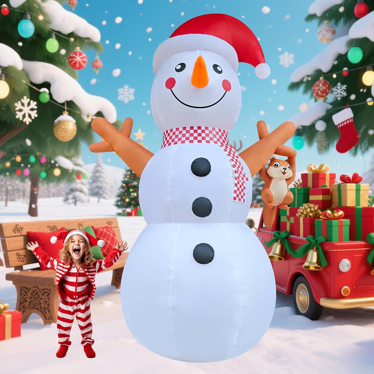 DAHAKII 12ft Giant Snowman Inflatable Decor with Cute Squirrel Christmas Inflatable Yard Decor Build-in LED