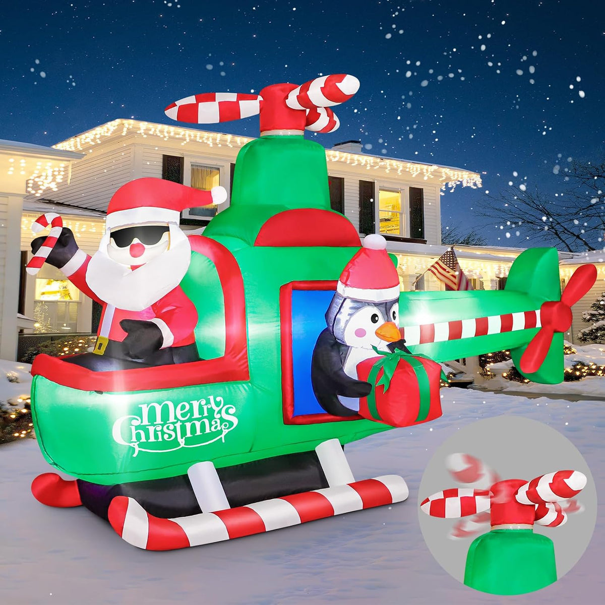 FunFanso 6.5 FT Christmas Inflatable Santa Claus on Helicopter Outdoor Decorations with Bright LED Lights,