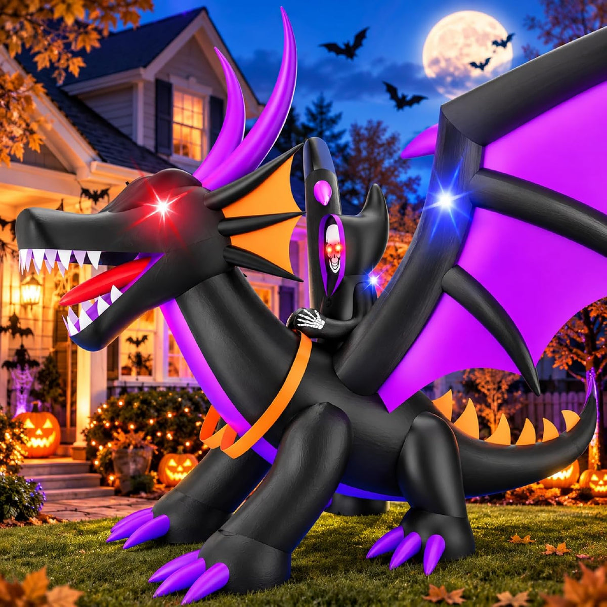 Skirfy 7FT Halloween Inflatable Dragon with LED Lights, Yard Decorations / Giant light-up dragon with spook