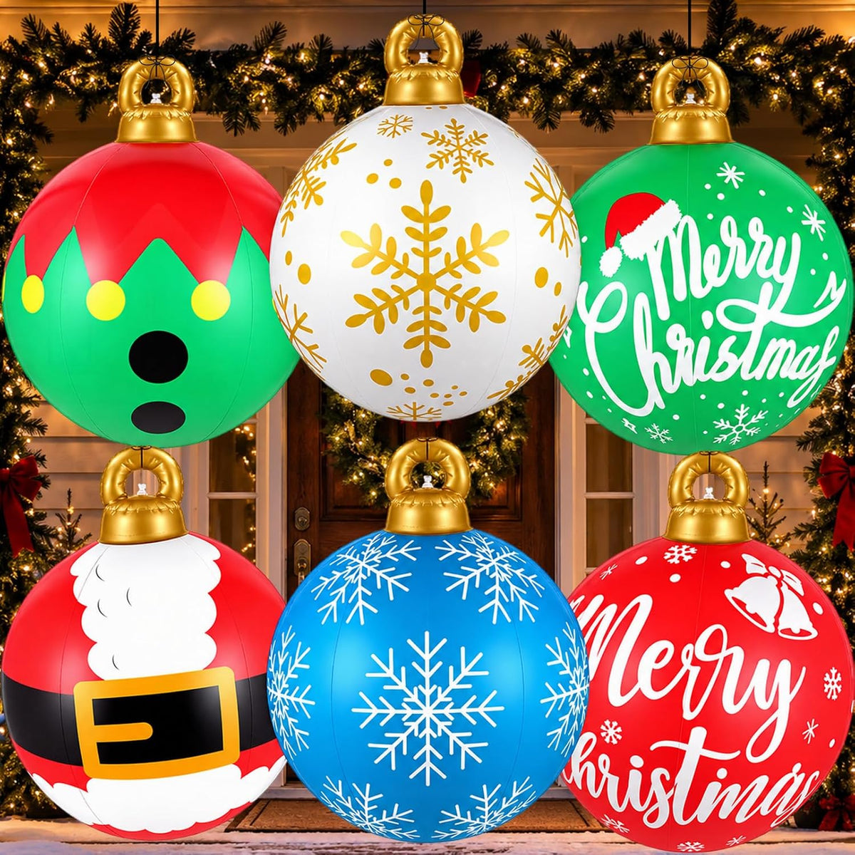 6 Pcs 24 Inch Inflatable Ornaments Balls Outdoor, Giant Inflatable Ornaments, Reusable Blow Up Christmas