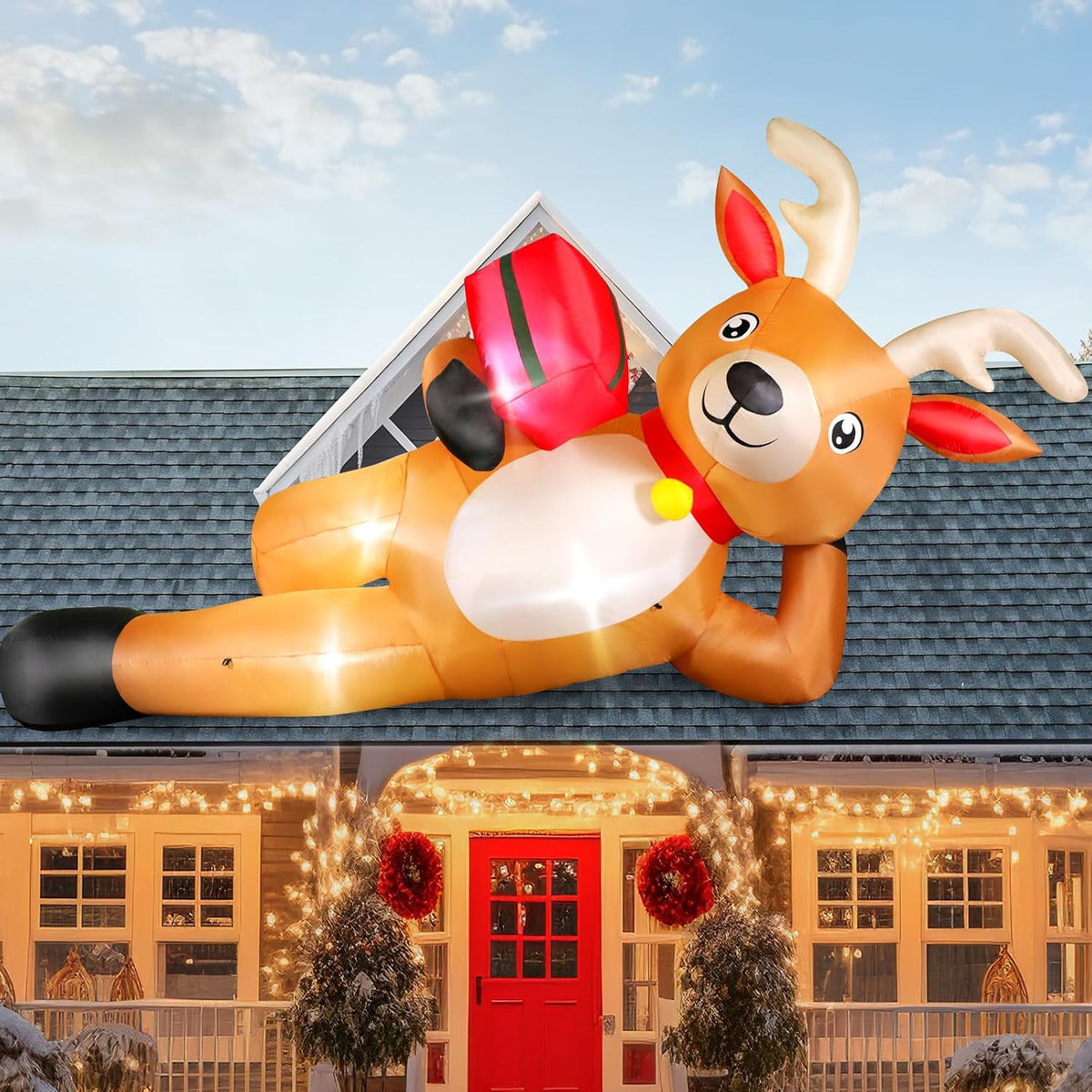 12 FT Giant Christmas Inflatable Reindeer Outdoor Decorations, Large Blow Up Reindeer with Gift Box Decor,