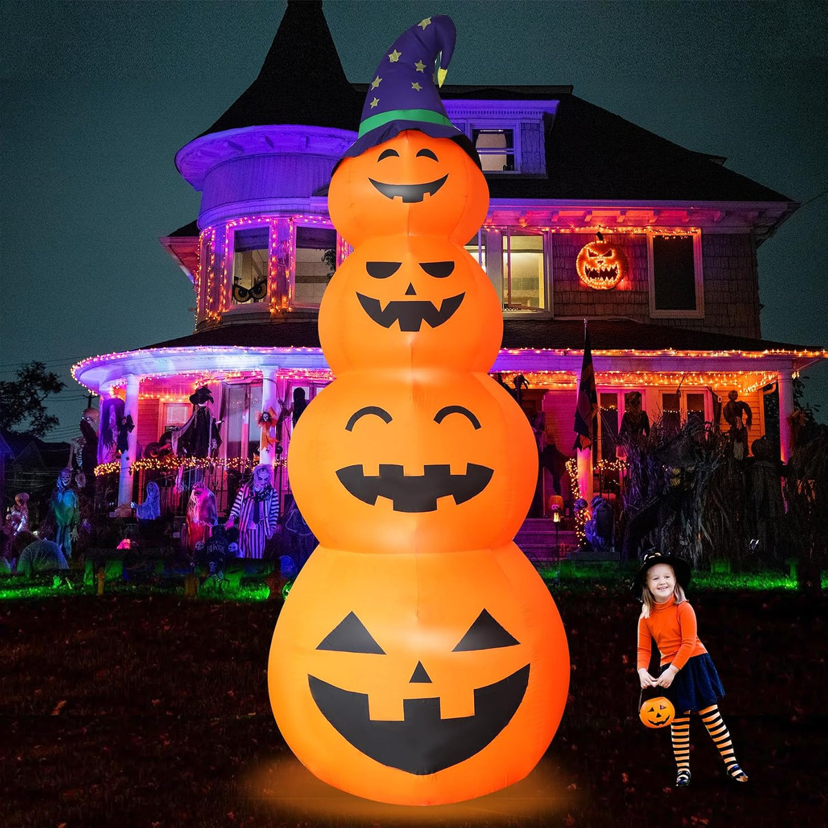 DearSun 12FT H Giant Halloween Inflatable Stacked Pumpkins with Witch's Hat, Blow up 4 Pumpkins Inflatable