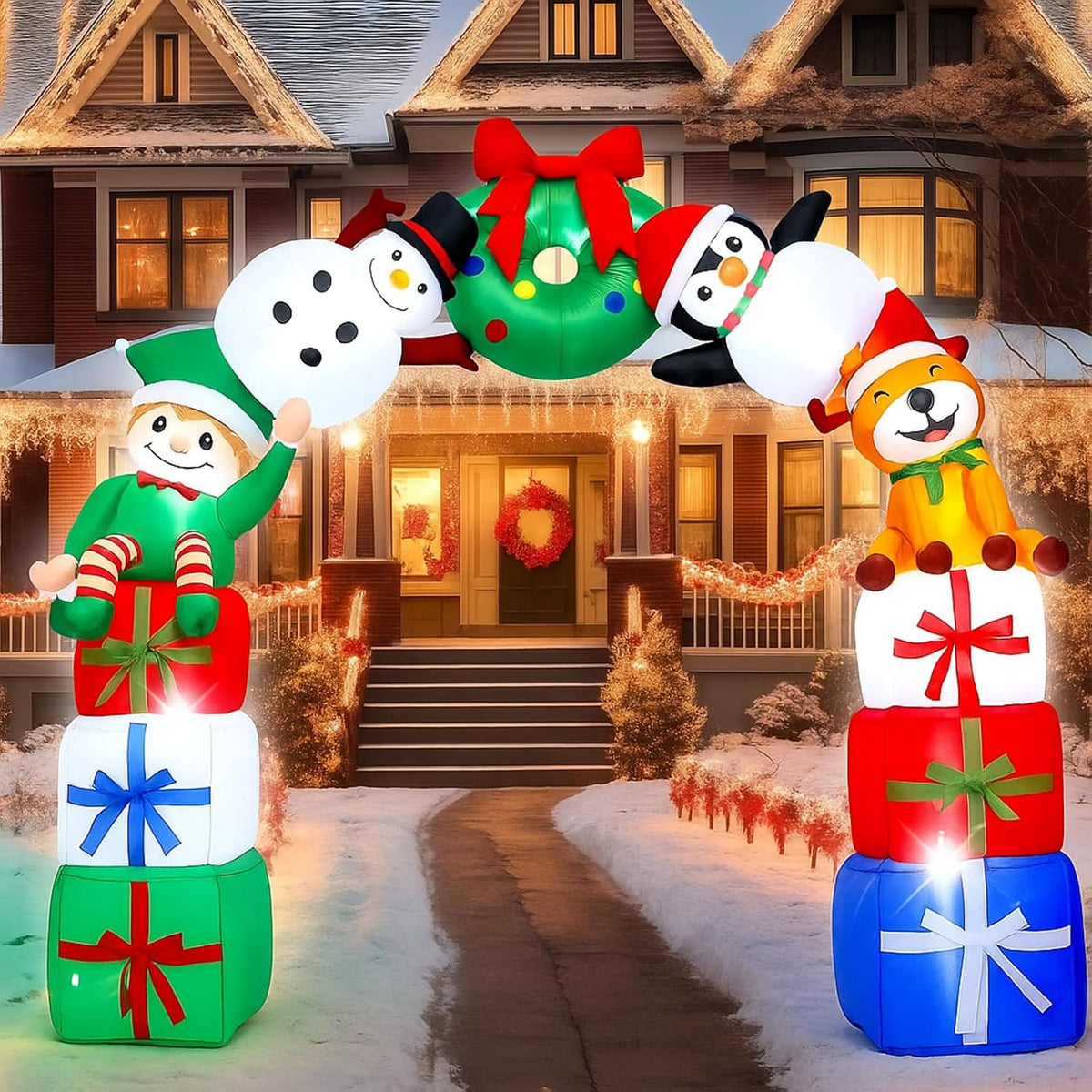 Leyndo 8FT Christmas Inflatable Arch Archway Outdoor Decoration with LED Lights Inflatable Elk Penguin