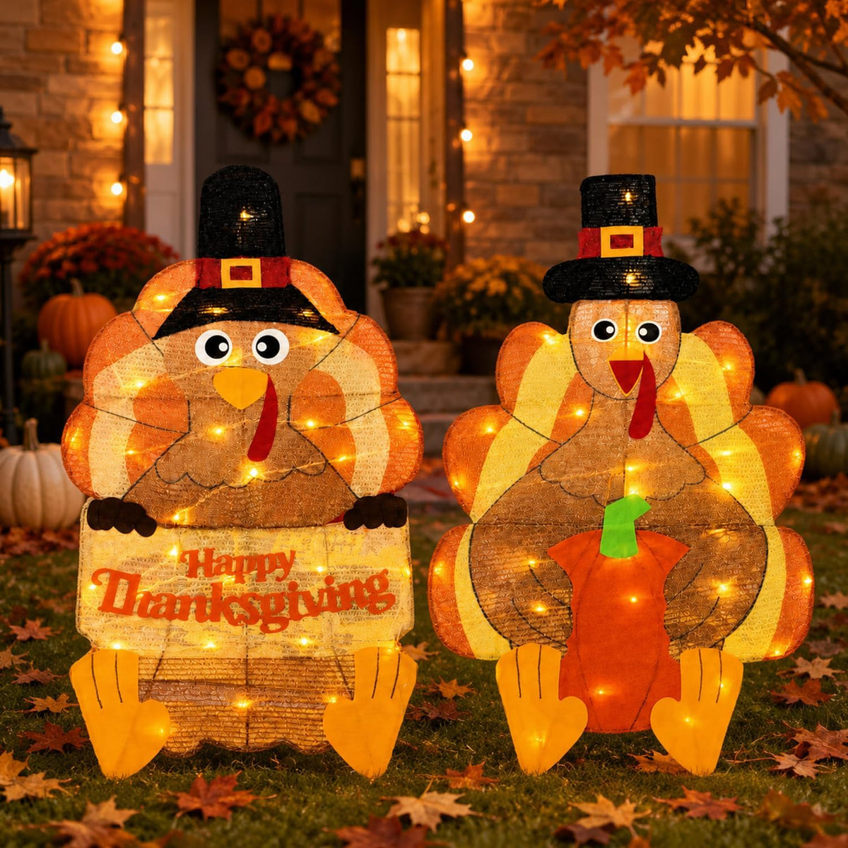 2PCS Thanksgiving Decorations Light Up Turkey Outdoor Decor / 30 Inches Metal Outdoor Turkey Decorations with