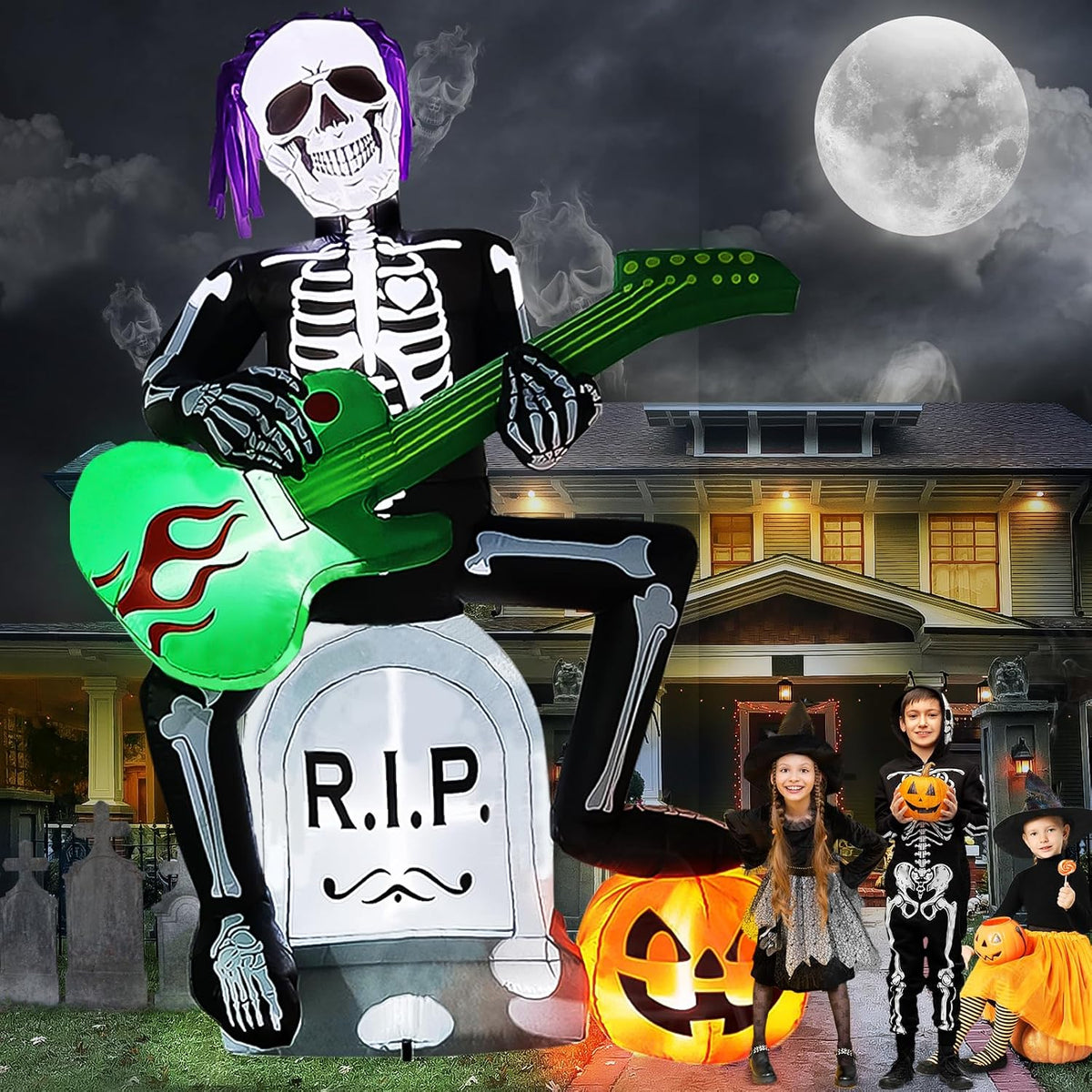 Lorvain 7 FT Halloween Inflatables Outdoor Decorations Skeleton Ghost / Tombstone Pumpkin Blow Up Yard