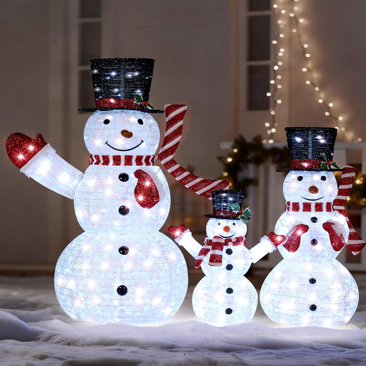 JOIEDOMI 3 Pcs 3D Christmas Collapsible Snowman Yard Light 270 Pre-Lit LED Cool White Lights for Indoor